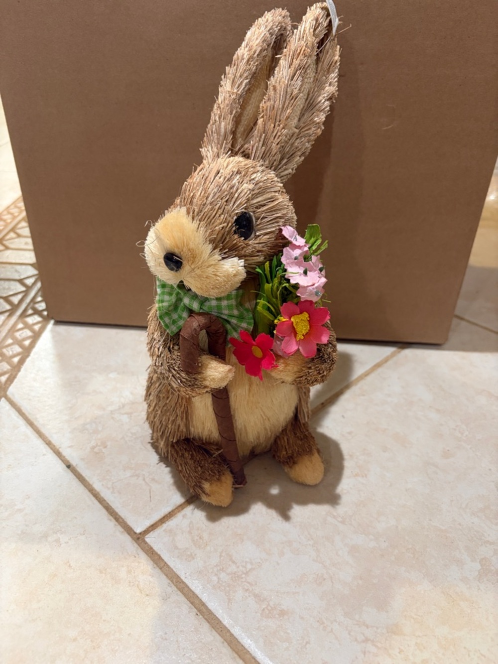 Michaels Brown Straw Bunny with Pink & Red Flower Bouquet